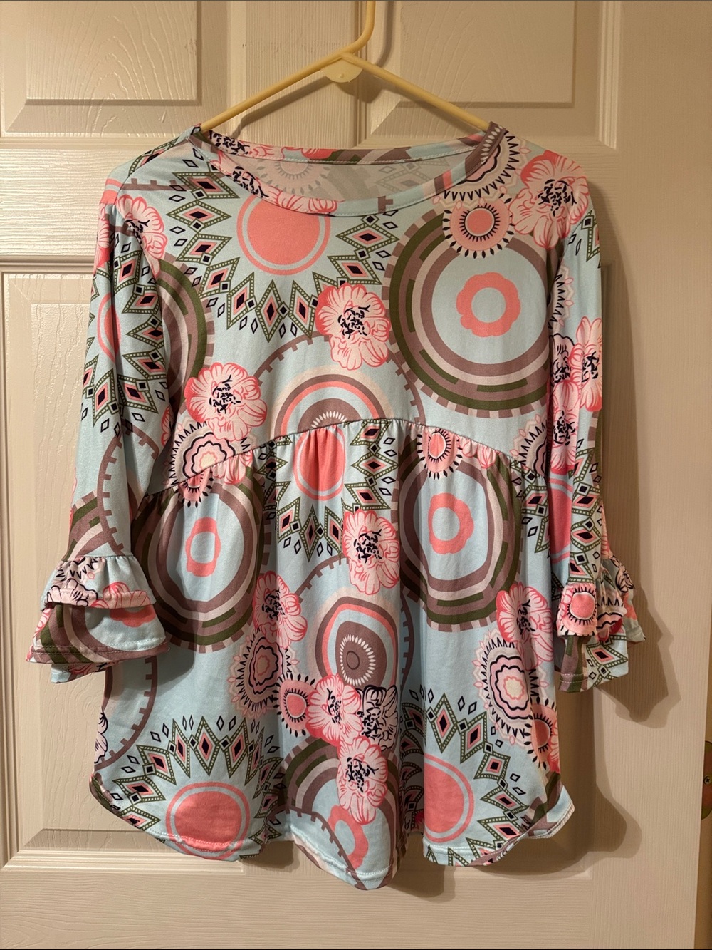 Women’s Floral Circle Print Babydoll Top - Pink & Light Blue Size L
